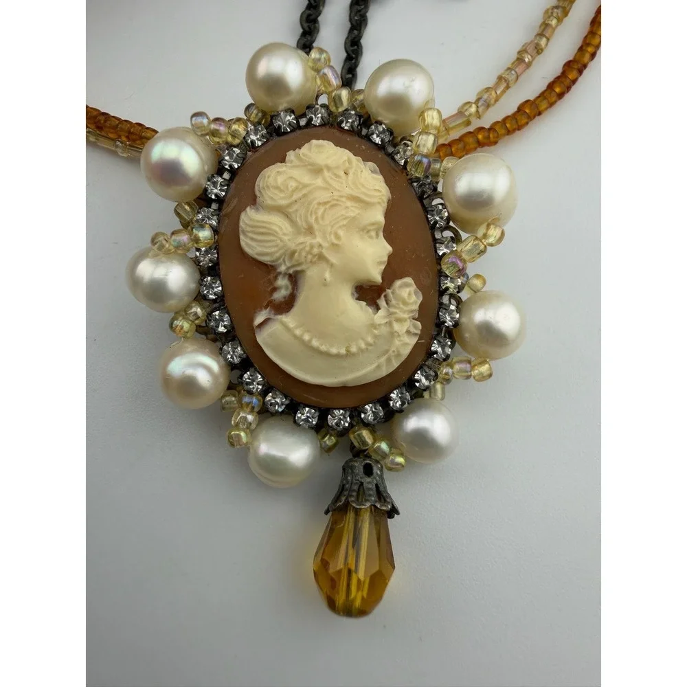 Cookie Lee Cameo Necklace Brown Excellent Multi-Strand Pearl Rhinestone Vintage